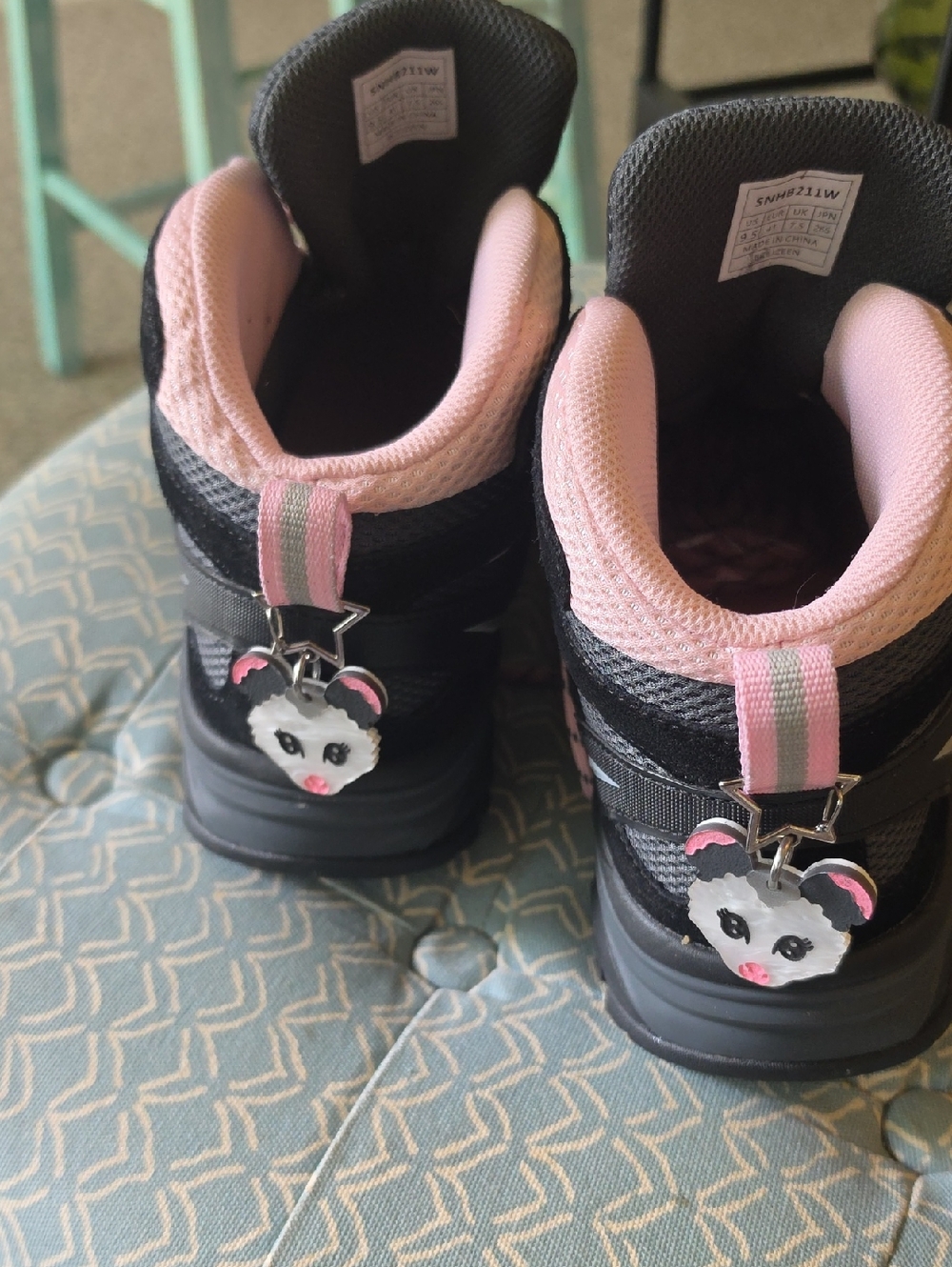Black and Pink Hiking boots with Cute Opposum Charm